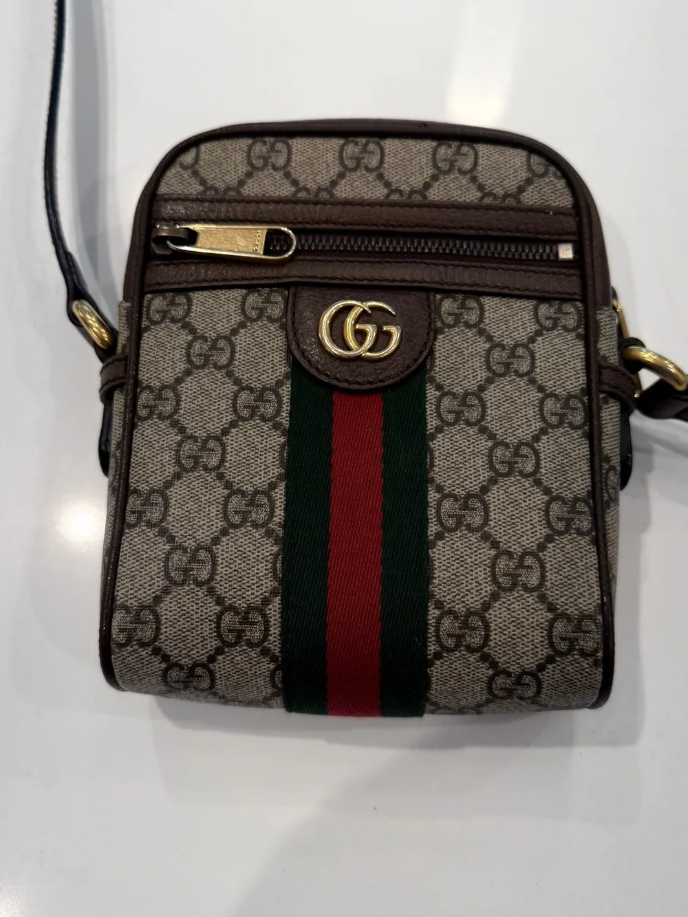 Gucci Beige/Brown GG Supreme Crossbody with Green-Red Web